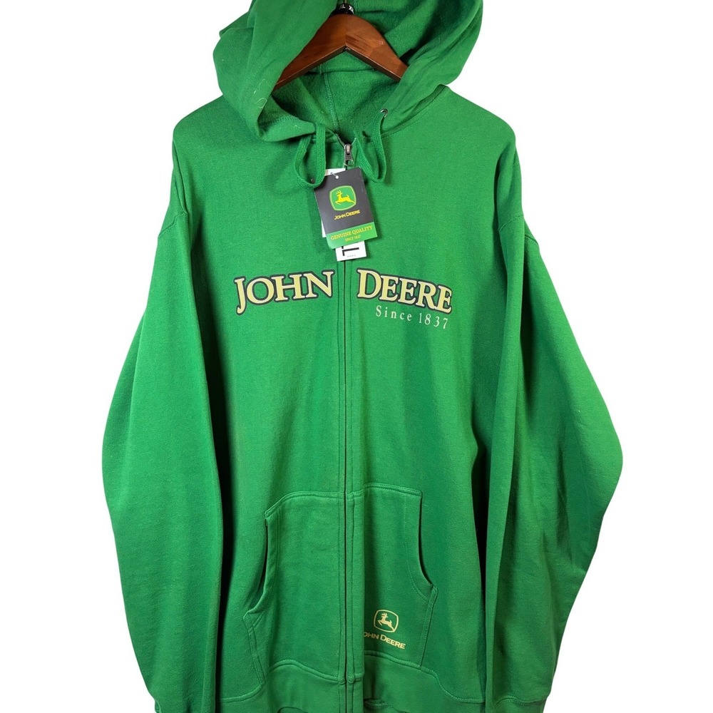 John Deere Full Zip Hoodie Mens 2XLT Green New Graphic Fleece Sweatshirt